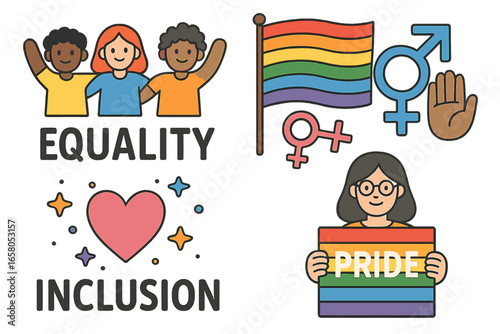 Vector set promoting equality, inclusion, and pride. Diverse community characters, LGBTQ+ rainbow flag, gender symbols, and heart icon for social gender rights celebration.