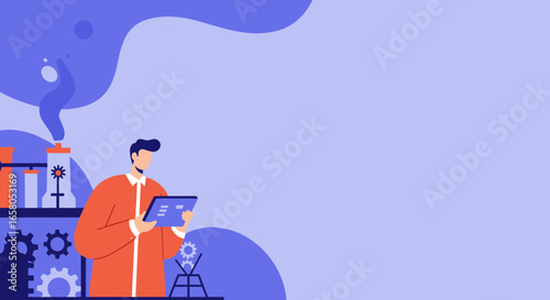 Professional man using a digital tablet in an industrial or scientific environment, symbolizing innovation, data analysis, and technological progress.