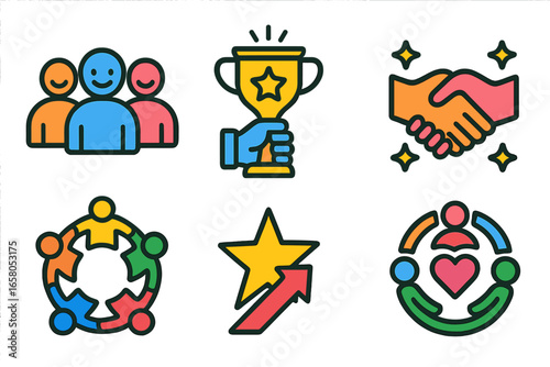 Colorful icon set for community, teamwork, achievement. Includes trophy, handshake, star. Vector symbols for partnership, inclusivity, collaboration, success, and growth.