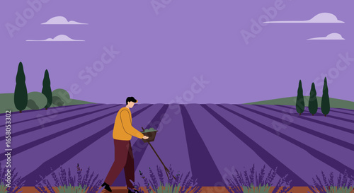 Man harvesting lavender in a vast purple field under a peaceful sky. Captures rural life, agriculture, nature, and serene landscapes. Ideal for travel or lifestyle.