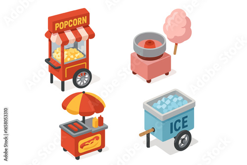 Isometric Park Food Stalls Vector Set, Popcorn Cart, Cotton Candy Machine, Hot Dog Stand, Ice Box, Street Snack Vendors, Outdoor Event, Carnival Concession, Amusement Park Refreshment