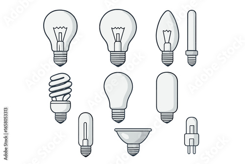 Vector icon set of various light bulbs. Collection of incandescent, fluorescent, LED, and halogen lamps. Metaphor for idea, innovation, energy, electricity, and technology.