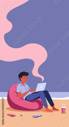 Relaxed young person working remotely on a laptop from a beachside bean bag chair. Depicts modern digital nomad life, balancing work and leisure.