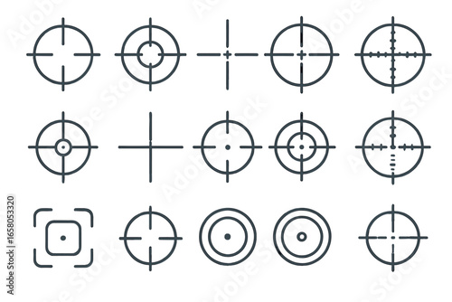 Crosshair vector icon set. Collection of different reticle, target, and scope designs for aiming. Military sniper gun sight graphics. Video game UI element for focus.