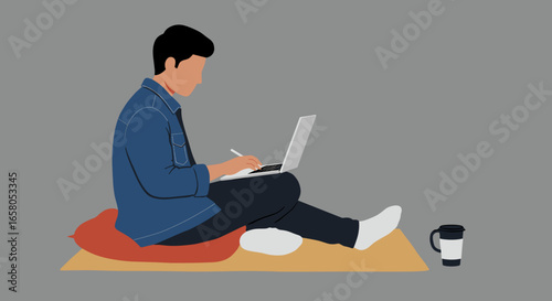 Person working comfortably on laptop, sitting on cushions. Ideal for remote work, education, freelance, or casual internet use. Focus, productivity, and flexible lifestyle.