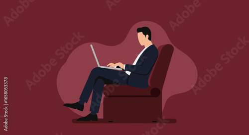 Professional man in a suit working on a laptop from a comfortable armchair. Ideal for remote work, business productivity, and relaxed office concepts.