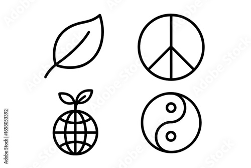 Nature and peace outline icon set. Ecology, environment, and harmony symbols. Leaf, peace sign, green planet earth with sprout, and yin yang for balance. Vector illustration.
