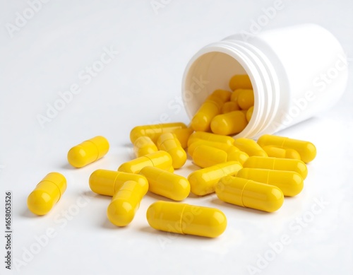 Yellow capsules scattered from a white container