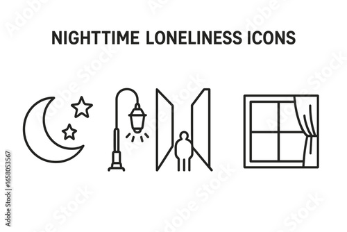 Nighttime loneliness outline icon set. Symbols of solitude, sadness, depression. Vector concepts: moon, stars, street lamp, person in dark alley, window light. Minimalist pictogram collection.