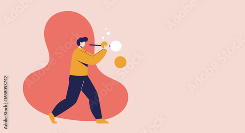 Modern illustration of a man blowing abstract bubbles, symbolizing new ideas, creativity, and exploration. Perfect for business and lifestyle concepts.