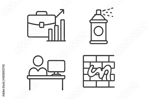 Office and street art linear icons. Business growth chart, career success briefcase, office worker at computer desk. Urban culture, graffiti art, spray paint can, brick wall.