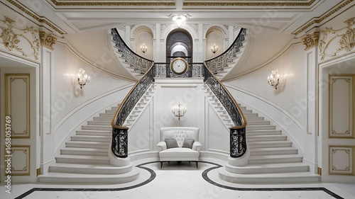 Grand Entrance Hallway with Elegant Double Staircase and Luxurious Seating