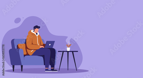 Man works remotely on his laptop from a comfortable sofa at home, enjoying a relaxed yet productive environment. Ideal for business, freelance, or casual lifestyle themes.