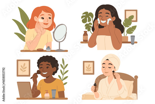 Set of diverse women in daily beauty routine. Skincare, makeup application, self-care at home. Girl washing face, applying cream, serum, eye patches. Vector cartoon collection.