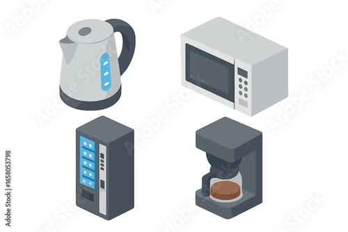 Isometric office breakroom icon set. Vector illustration of kitchen appliances like electric kettle, microwave, vending machine, and coffeemaker. For workplace or staff room concepts.