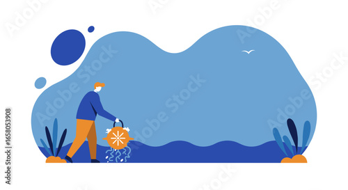 Person actively nurturing the environment with a watering can, depicting sustainable practices, growth, and care for nature.