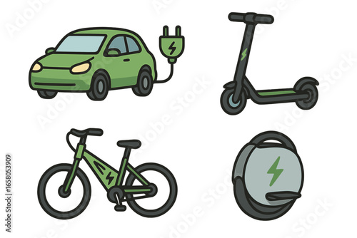 Electric transportation icons. Modern mobility solutions for urban city environments. E-car, e-scooter, e-bike, monowheel. Sustainable green energy commuting. Vector cartoon.