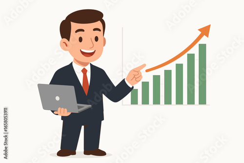 Successful investor pointing at rising stock market chart. Businessman with laptop presents financial growth. Investment profit, success concept. Data analysis, graph. Vector.