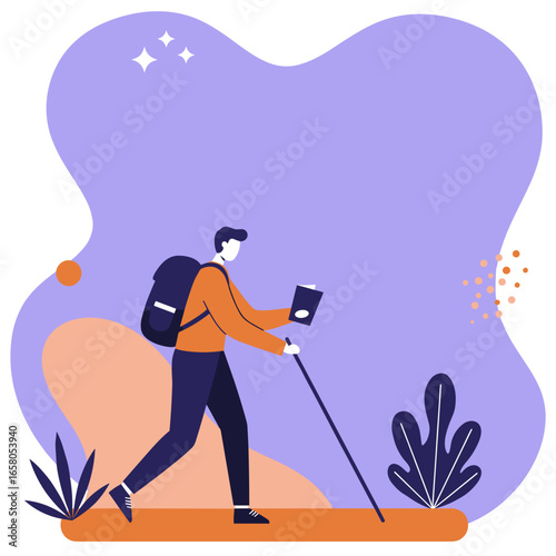 Stylized illustration of a person with a backpack and trekking pole exploring an abstract landscape. Ideal for travel, adventure, and outdoor lifestyle concepts.