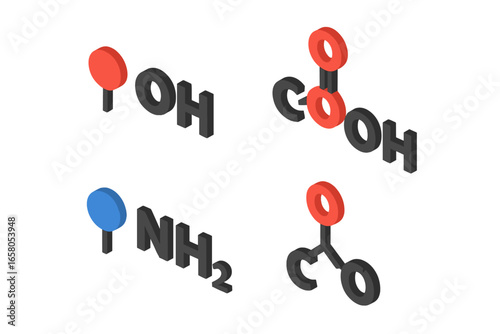 Organic chemistry functional groups 3D isometric icon set. Alcohol, carboxyl, amine, ketone molecule structures. Science education vector illustration for biochemistry concept.