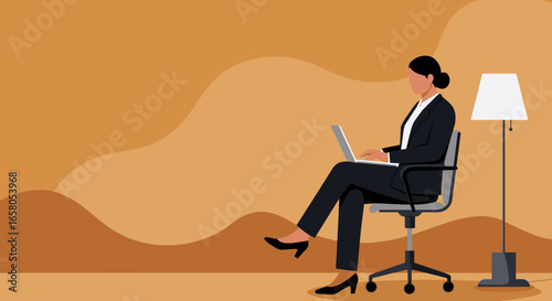 Professional businesswoman working remotely on her laptop in a modern minimalist setting, ideal for concepts of productivity and online business.