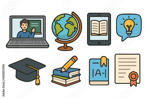 E-learning icon set. Online education, distance learning vector symbols. Webinar, online course, digital library, knowledge, graduation. School, university student resources.