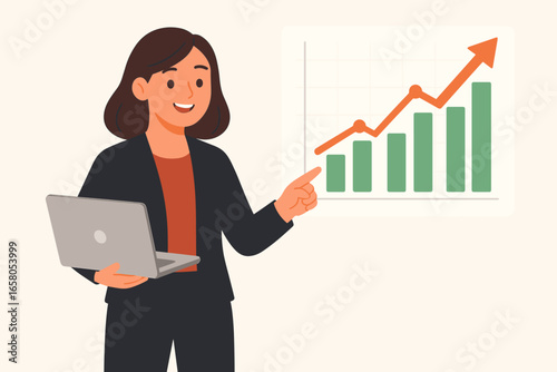 Successful businesswoman investor with laptop pointing at rising stock market chart. Concept of financial growth, profit, data analysis, and investment strategy. Vector flat design.