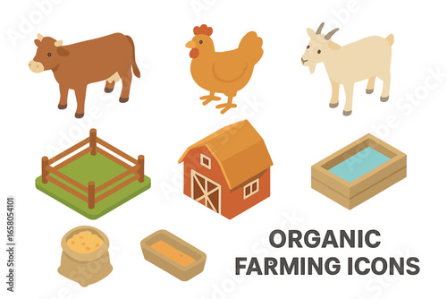 Organic farming isometric icon set. Eco-friendly agriculture concept with livestock animals. Vector collection of cow, chicken, goat, barn, pasture, feed and water trough.