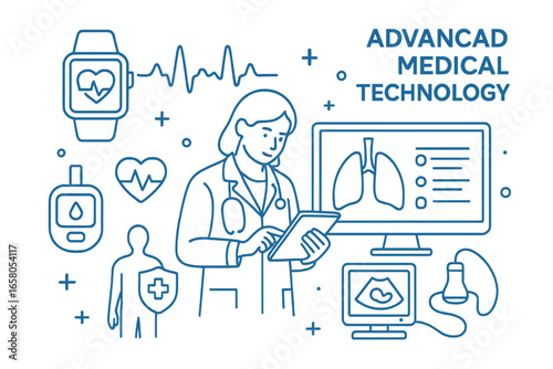 Advanced medical technology concept. Doctor with tablet. Healthcare innovation with icons for diagnostics, monitoring, ultrasound, EKG, diabetes. Telemedicine line art vector.