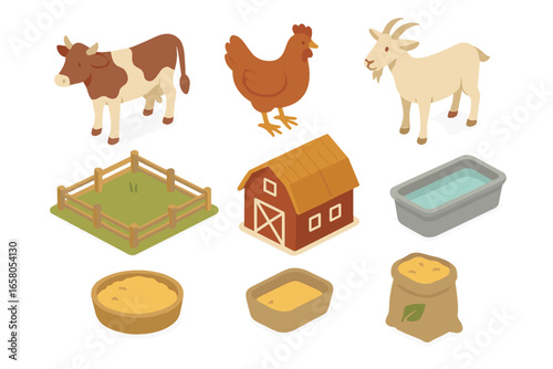 Isometric farm animal vector collection. Organic livestock farming icon set with cow, goat, chicken, red barn, fence, feed and water trough. Agriculture concept elements.