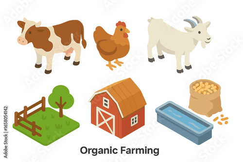 Organic farming isometric icon set. Livestock and agriculture vector illustrations. Farm animals cow, chicken, goat. Includes rural elements like barn, pasture, feed and water trough.