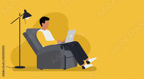 Person enjoying remote work or online learning on a laptop in a cozy armchair at home, representing flexible work and comfort.