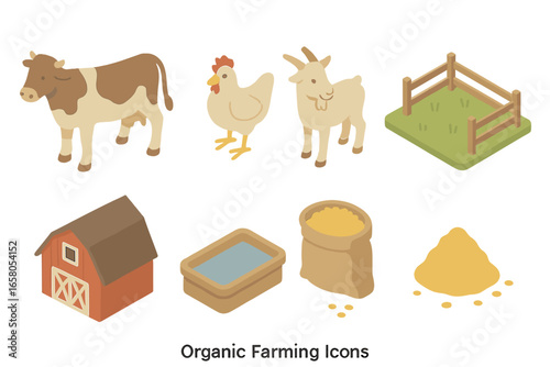 Organic farming isometric icon set. Livestock and agriculture symbols. Vector collection with cow, chicken, goat, barn, pasture, water trough, and feed for sustainable food.