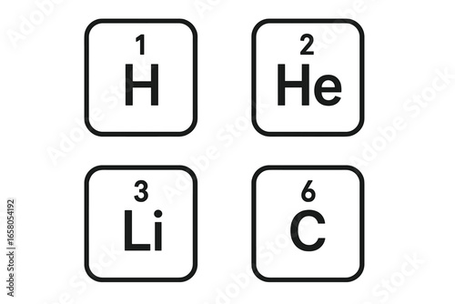 Outline vector icon set of periodic table elements including hydrogen, helium, lithium, and carbon symbols, scientific chemistry symbols collection for educational and research use