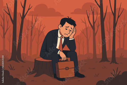 Unemployed sad businessman feeling worried after job loss. Man sits alone in forest, metaphor for career crisis, depression, being fired. Economy problems and layoff concept.