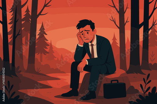 Unemployed man after layoff, feeling sad, worried, and depressed. Lost job concept. Businessman in crisis. Economic problem, recession, and dismissal metaphor. Alone in forest.