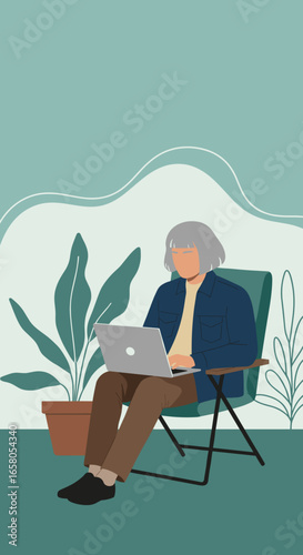 Individual working on a laptop in a relaxed, plant-filled environment, embodying remote work, digital lifestyle, and online education concepts.