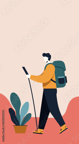 Minimalist illustration of a person hiking with a backpack and walking stick, symbolizing adventure, travel, and an active outdoor lifestyle.