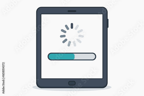Load bar and loading wheel on tablet device screen. System and software update process. Waiting for download, installation, or upgrade. Data transfer and processing concept. Vector.