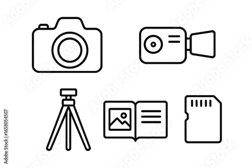 Outline photography and videography icon set including camera, video camera, tripod, photo album, and memory card vector illustration on transparent background for creative projects