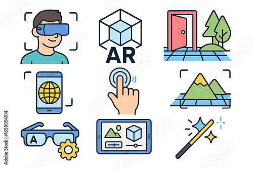 Augmented reality icons set. AR and VR technology concept. Virtual world simulation with headset, glasses, smartphone. Immersive digital experience UI elements. Metaverse vector.