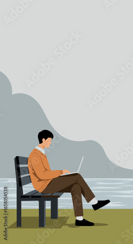 Man works on laptop outdoors by the water. Concept of remote work, digital nomad lifestyle, productivity, freedom, and technology in nature.