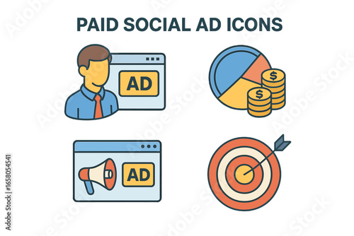 Paid social media advertising icon set. Vector icons for digital marketing campaign, budget allocation, audience targeting, promotion, business goals, and strategy concepts.