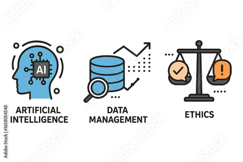 Artificial intelligence, data management, and ethics icon set. Vector illustration of AI head, database analysis, and legal balance scale. Tech governance and ethical principles.