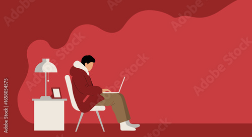 Man working on laptop at home, symbolizing remote work, online education, or digital lifestyle. Ideal for technology, business, or casual living concepts.