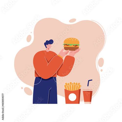 Person holds a delicious hamburger, with french fries and a drink nearby. Captures fast food convenience and modern casual dining lifestyle.
