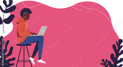 Young person working on laptop, remote work concept. Ideal for themes of digital education, freelance, and online business in a modern creative space.