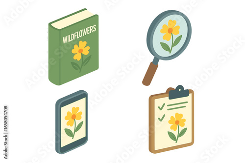 Isometric wildflower identification tools flat icon set including field guide book, magnifying glass, botanical research equipment, nature study vector illustration on transparent background