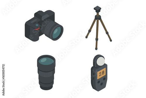 Isometric Flat Photography Icons Set of 4 DSLR Camera, Tripod, Lens Kit, and Light Meter Vector Illustration Representing Photography and Composition Skills