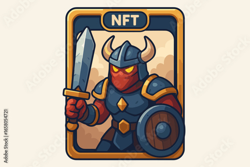 NFT crypto art card of a fantasy gaming hero. Vector illustration of a non-fungible token collectible. Digital art concept of a warrior character with sword and shield for games.